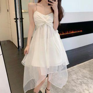 Spaghetti-strap Asymmetrical Mesh A-line Dress