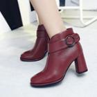 Genuine-leather Chunky Heel Buckled Ankle Boots