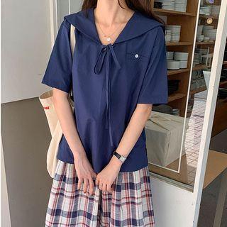 Sailor Collar Lace Up Short-sleeve Blouse