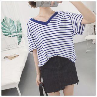 V-neck Short Sleeve Striped T-shirt