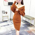 V-neck Midi Sheath Sweater Dress