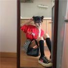 Elbow-sleeve Cartoon Print T-shirt / Plaid Mini Pencil Skirt