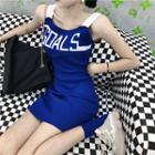 Lettering Slim-fit Sleeveless Dress Sapphire Blue - One Size