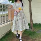 Short-sleeve Floral Print Faux Pearl Trim Midi A-line Dress