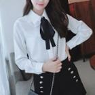 Patchwork Tie-neckline Long Sleeve Blouse White - One Size