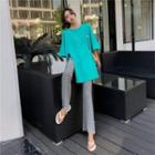 Short-sleeve Lettering T-shirt / Striped Boot-cut Pants