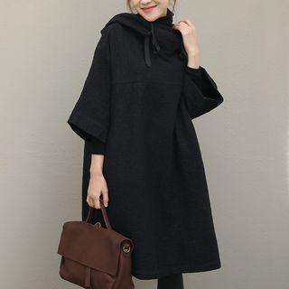 3/4-sleeve Hoodie Dress Black - One Size