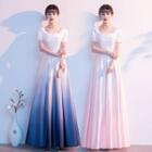 Short-sleeve Satin A-line Gown