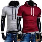 Short-sleeve Contrast Trim Hooded Pullover