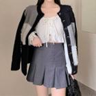 Long-sleeve Crop Top / Pleated Mini A-line Skirt / Color Block Cardigan