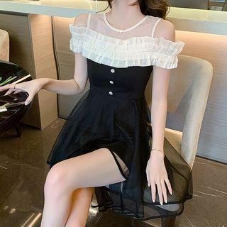 Short-sleeve Sheer Panel Mini A-line Dress