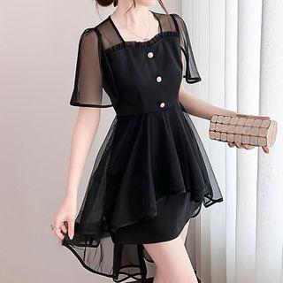 Short-sleeve Plain Asymmetric Chiffon Dress
