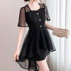 Short-sleeve Plain Asymmetric Chiffon Dress