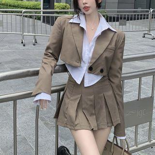 Plain Crop Shirt / Padded-shoulder Double-breasted Crop Blazer / High Waist Pleated Mini Skirt