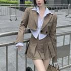 Plain Crop Shirt / Padded-shoulder Double-breasted Crop Blazer / High Waist Pleated Mini Skirt