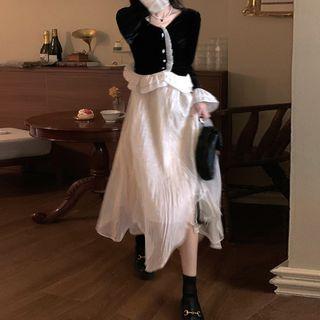 Ruffle Trim Top / Midi A-line Skirt