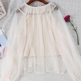 Set: Long-sleeve Mesh Top + Camisole Beige - One Size