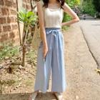 Paperbag-waist Wide-leg Pants Light Blue - One Size