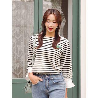 Plus Size Cactus Beaded Frill-sleeve Stripe T-shirt