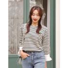 Plus Size Cactus Beaded Frill-sleeve Stripe T-shirt
