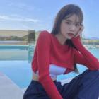 Long-sleeve Cropped Knit Top Red - One Size