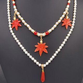 Beaded Leaf Layered Necklace Q60 - Necklace - White - One Size