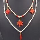 Beaded Leaf Layered Necklace Q60 - Necklace - White - One Size