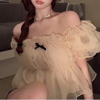 Off-shoulder Mesh Cropped Blouse Beige - One Size