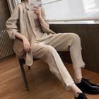 Set: Plain Double-breasted Blazer + Cropped High-waist Harem Pants