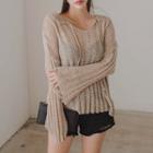 Open-placket Ribbed Knit Top