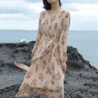 Long-sleeve Floral Midi A-line Dress With Belt