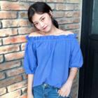 Off Shoulder Elbow-sleeve Top Blue - One Size