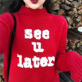 Mock Neck Letter Embroidered Sweater Red - One Size