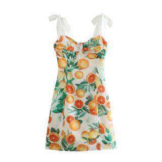 Spaghetti Strap Orange Print A-line Dress