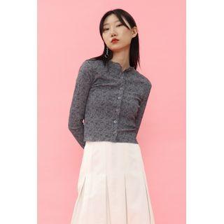 Round-neck Floral Cardigan Navy Blue - One Size