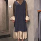 Set: Mock-neck Long-sleeve Midi Dress + V-neck Corduroy Pinafore Dress