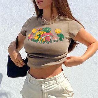 Short Sleeve Mushroom Print Cropped Top