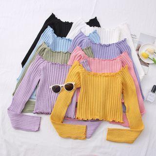 Boatneck Ruffled-trim Crop Knit Top In 8 Colors