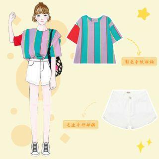 Striped Short-sleeve T-shirt / Fringed Hem Denim Shorts