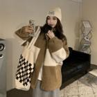 Two-tone Embroidered Letter Fluffy Jacket Coffee & Almond - One Size