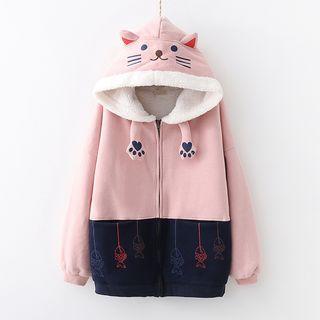 Color Block Cat Ear Accent Zip Hooded Jacket