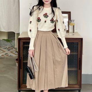 Balloon-sleeve Flower Embroidered Sweater / Pleated Midi A-line Skirt