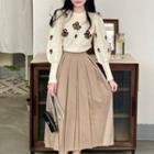 Balloon-sleeve Flower Embroidered Sweater / Pleated Midi A-line Skirt