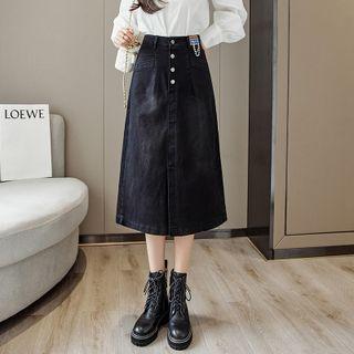 High-waist Denim Slit A-line Midi Skirt