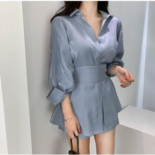 Set: Tie-waist Long-sleeve Satin Blouse + Plain Shorts