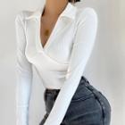 Long-sleeve Collared V-neck Fitted Crop Top