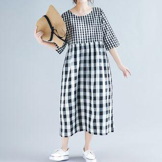 3/4-sleeve Checker A-line Midi Dress