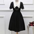 Cross Embroidered Collar Short-sleeve A-line Dress
