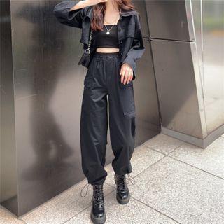 Long-sleeve Cropped Shirt / Harem Cargo Pants