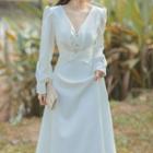 Long-sleeve Plain A-line Dress / Veil / Set